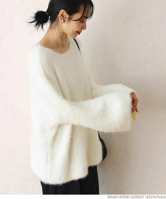 日本 COCA - 時尚短絨圓領針織毛衣-大人-咖啡