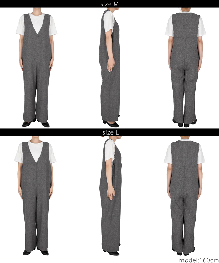 日本 COCA - 工裝率性V領連身吊帶褲-人字紋-淺灰