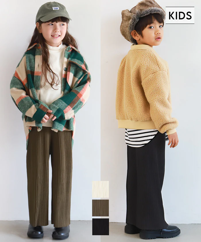 日本 COCA - [可剪裁] 顯瘦百摺垂墜長褲-孩子-米杏