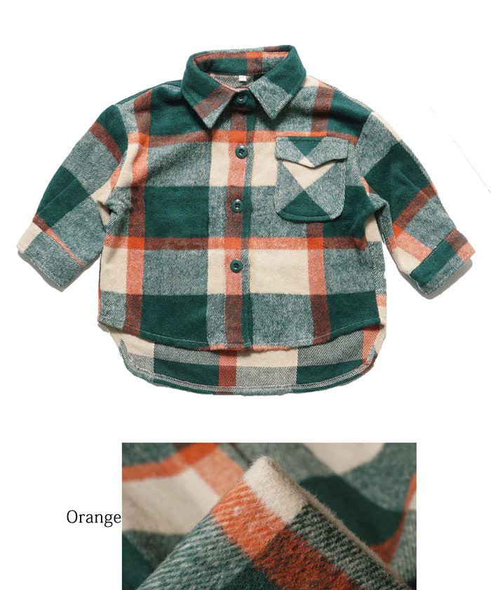日本 COCA - 男友風磨毛格紋襯衫外套-孩子-杏橘綠