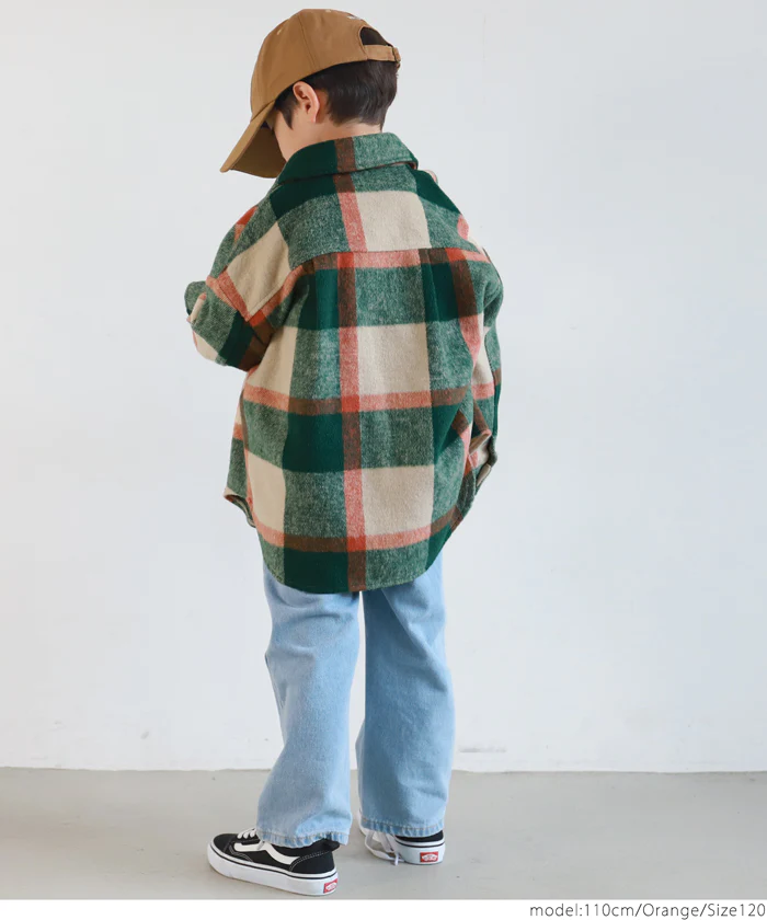日本 COCA - 男友風磨毛格紋襯衫外套-孩子-杏橘綠