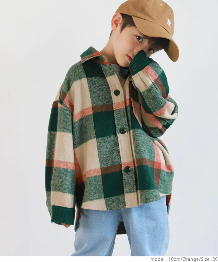 日本 COCA - 男友風磨毛格紋襯衫外套-孩子-杏橘綠