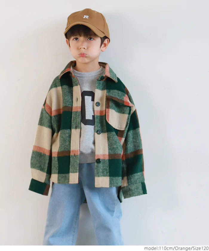 日本 COCA - 男友風磨毛格紋襯衫外套-孩子-杏橘綠