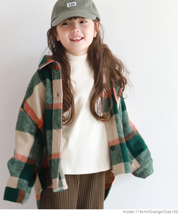 日本 COCA - 男友風磨毛格紋襯衫外套-孩子-杏橘綠