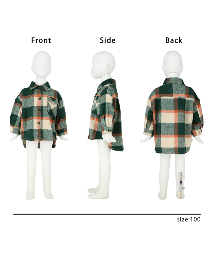 日本 COCA - 男友風磨毛格紋襯衫外套-孩子-杏橘綠