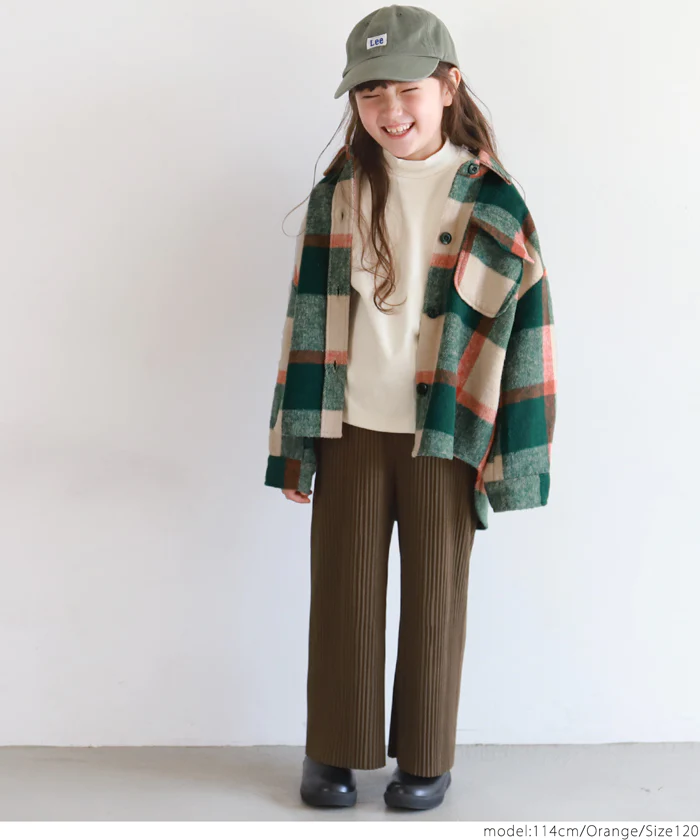 日本 COCA - 男友風磨毛格紋襯衫外套-孩子-杏橘綠