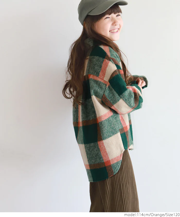 日本 COCA - 男友風磨毛格紋襯衫外套-孩子-杏橘綠