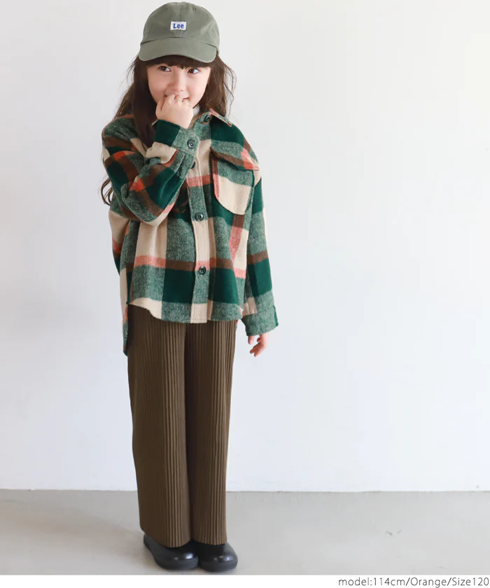 日本 COCA - 男友風磨毛格紋襯衫外套-孩子-杏橘綠