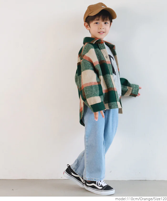 日本 COCA - 男友風磨毛格紋襯衫外套-孩子-杏橘綠