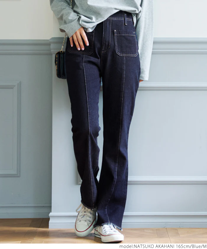 日本 COCA - 美腿打褶丹寧牛仔褲-靛藍