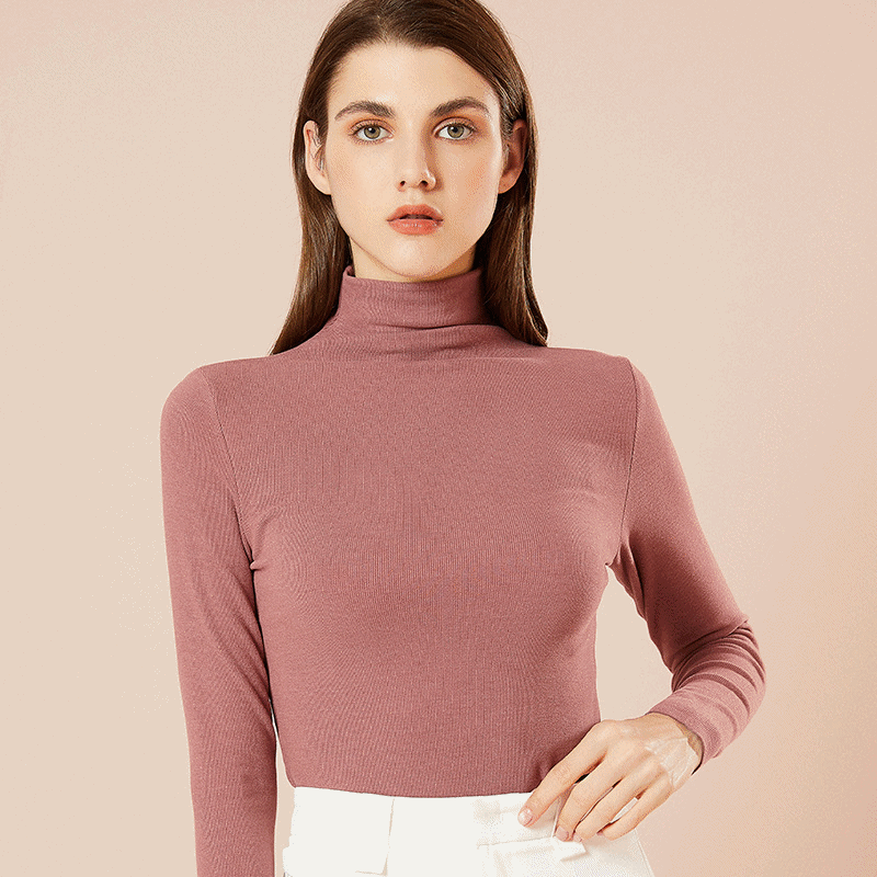 德絨高領長袖保暖上衣-卡其色